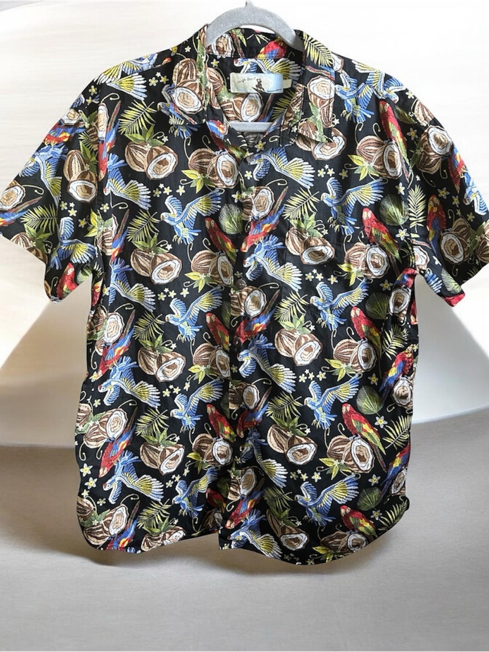 🌸High Surf  Men's Medium Blue Parrot Coconut Tropical Cotton Hawaiian Shirt